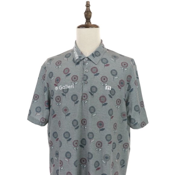 Travis Mathew Golf Polo Shirt Men's XL Gray Purple Blue Floral Pattern Spell Out - Picture 2 of 9